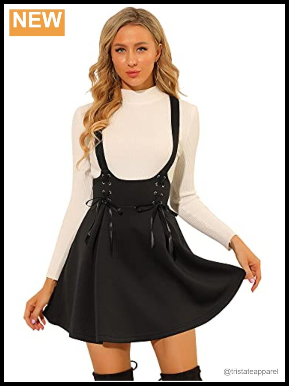 High Waist Lace Up Mini A-Line Suspender Skirt - Box Pleat Tie Front